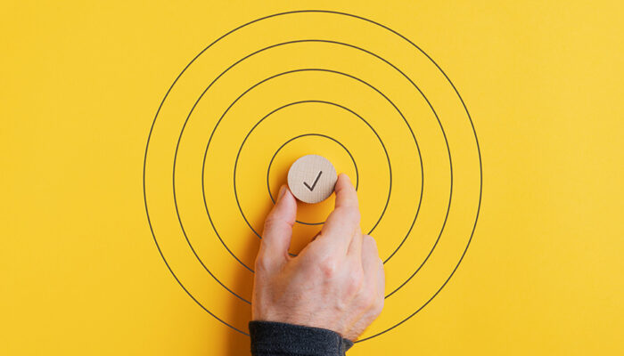 hand holding check-mark in the middle of a yellow bullseye