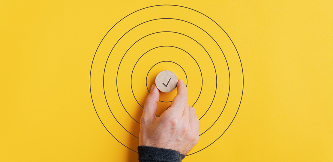 hand holding check-mark in the middle of a yellow bullseye