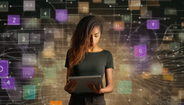 A conceptual image of a women using AI to view a network of inventory.