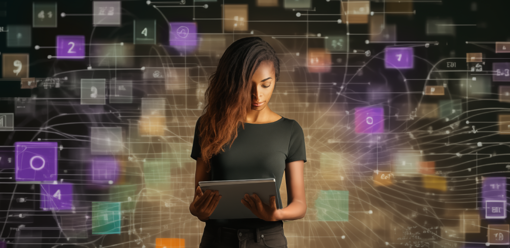A conceptual image of a women using AI to view a network of inventory.