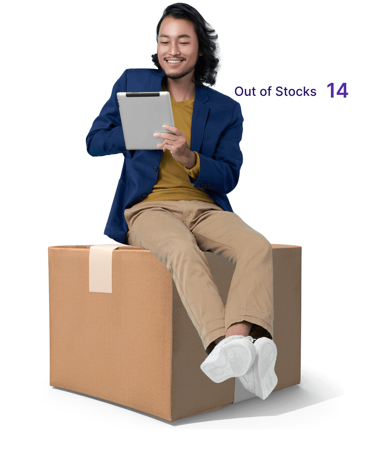Man sitting on box with an iPad